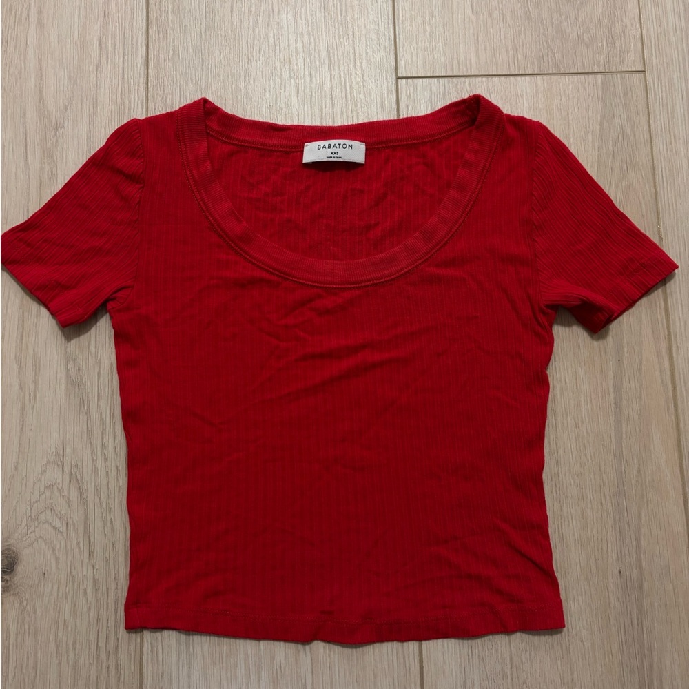 Aritzia Babaton Ribbed Scoop Neck Red Short Sleeve T Shirt size 2XS